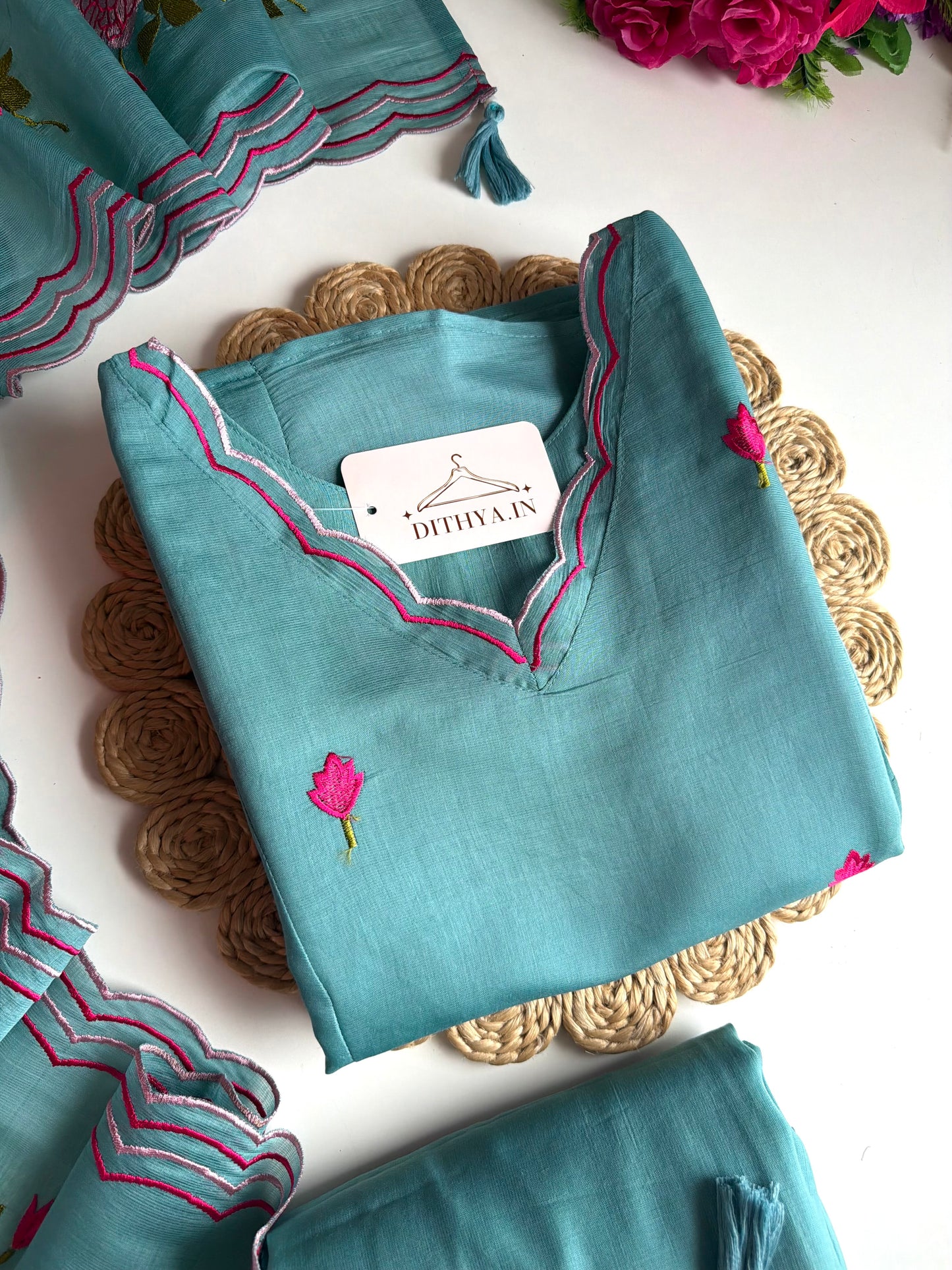 K721 - Surat mul chanderi embroidered Aline Kurti dupatta set