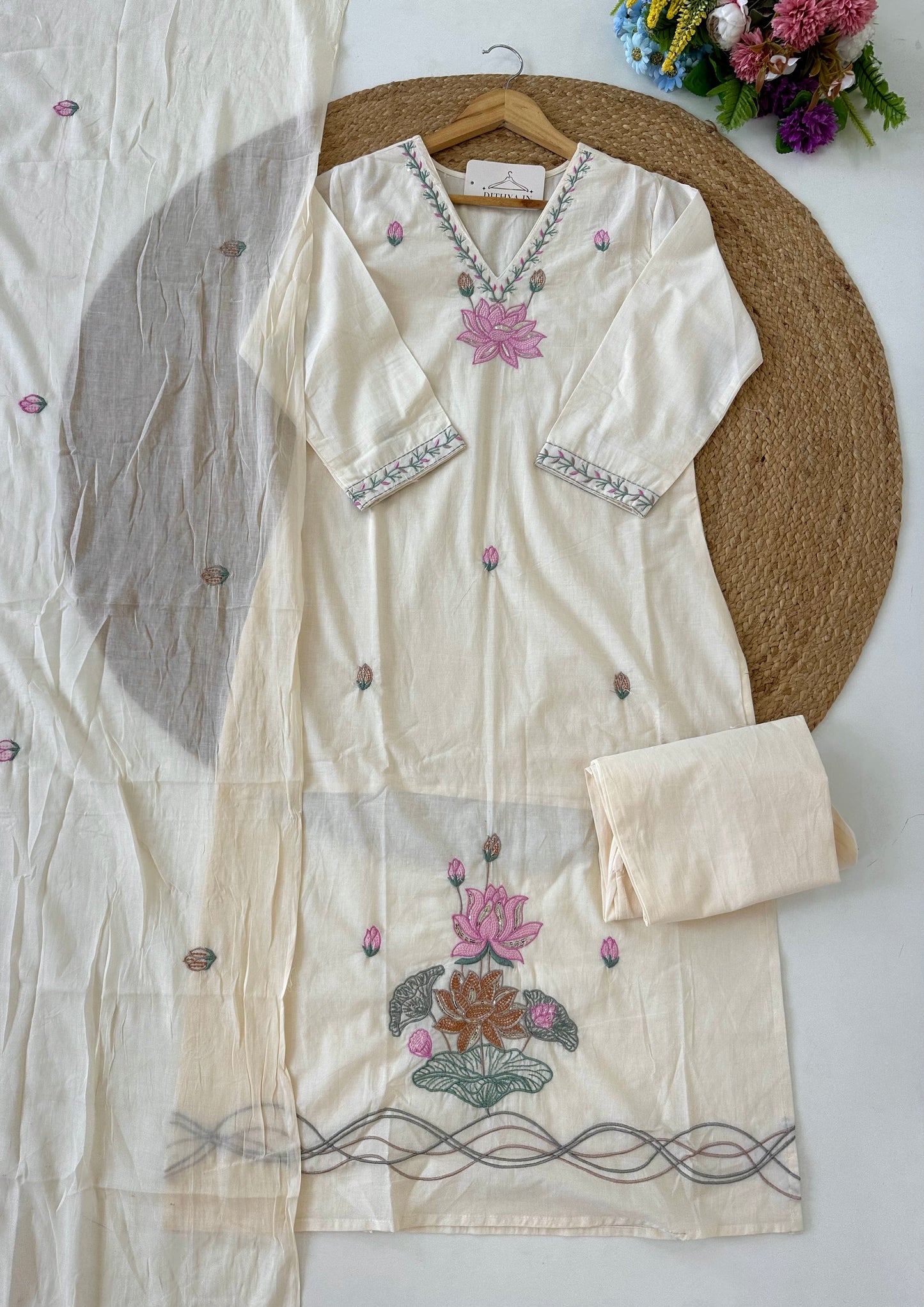 K484 - Mul cotton embroidered straight Kurti with pants and dupatta