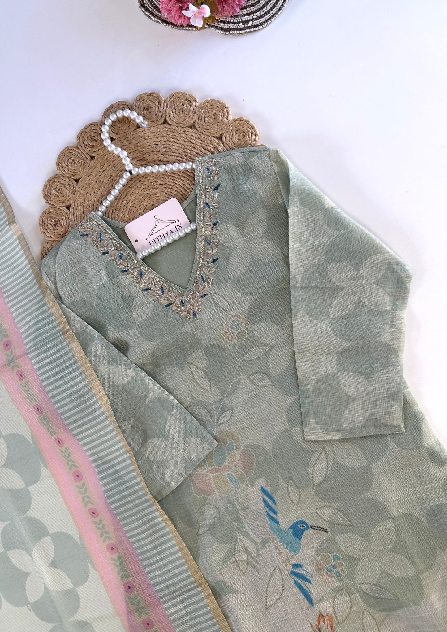 K619 - Linen cotton straight Kurti with pants and dupatta