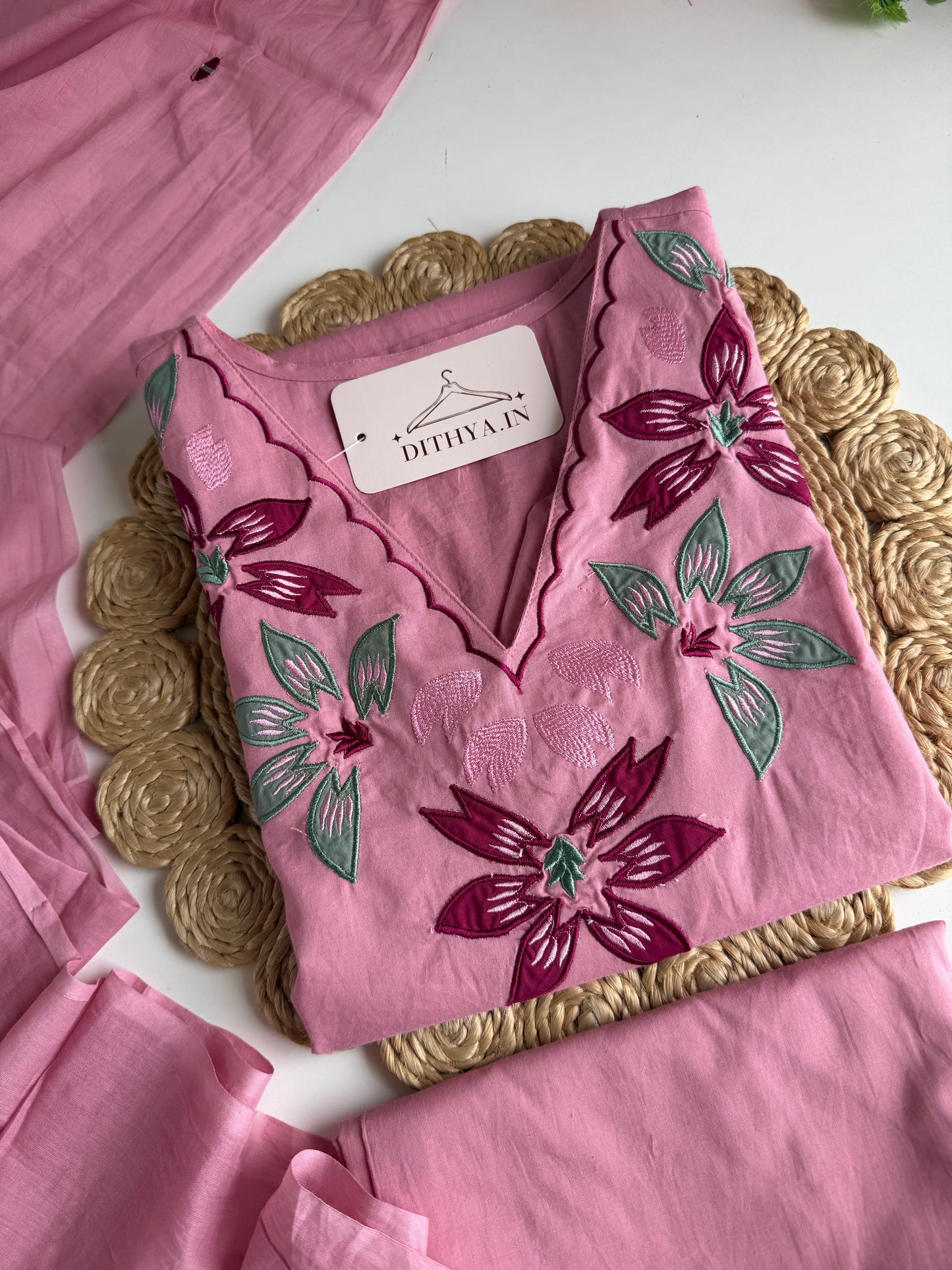 K131 - Mul cotton embroidered straight Kurti with pants and dupatta