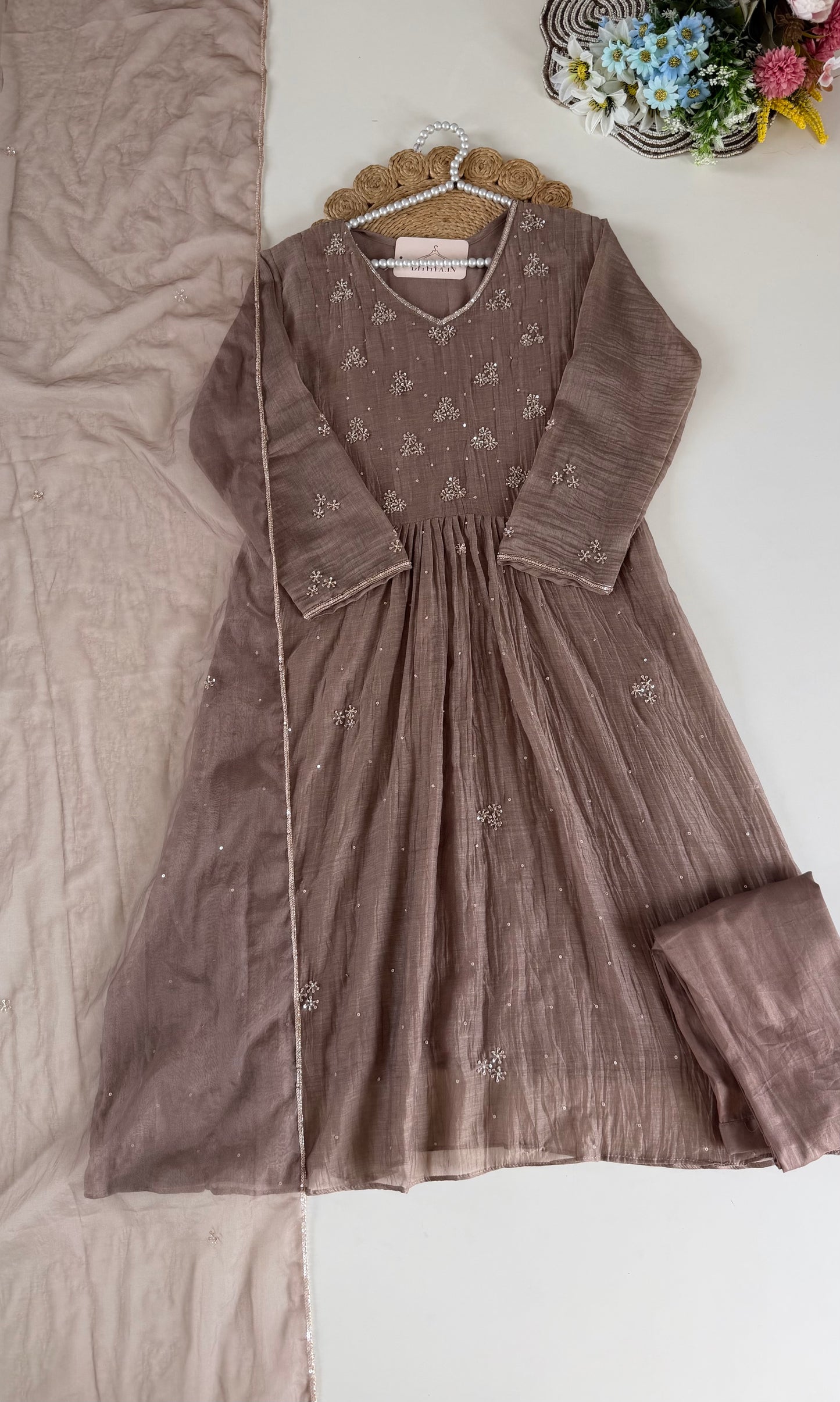 K229 - Mul chanderi handwork Anarkali with pants and dupatta