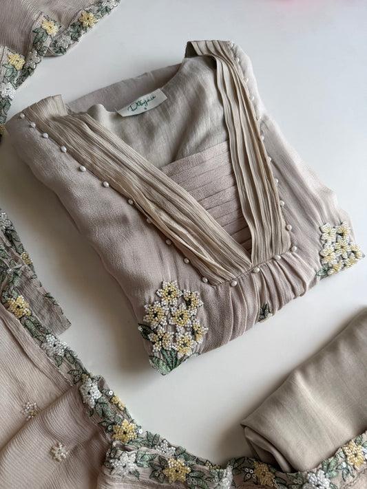 K674 - Pure Chinnon handwork aline Kurti with pants and dupatta
