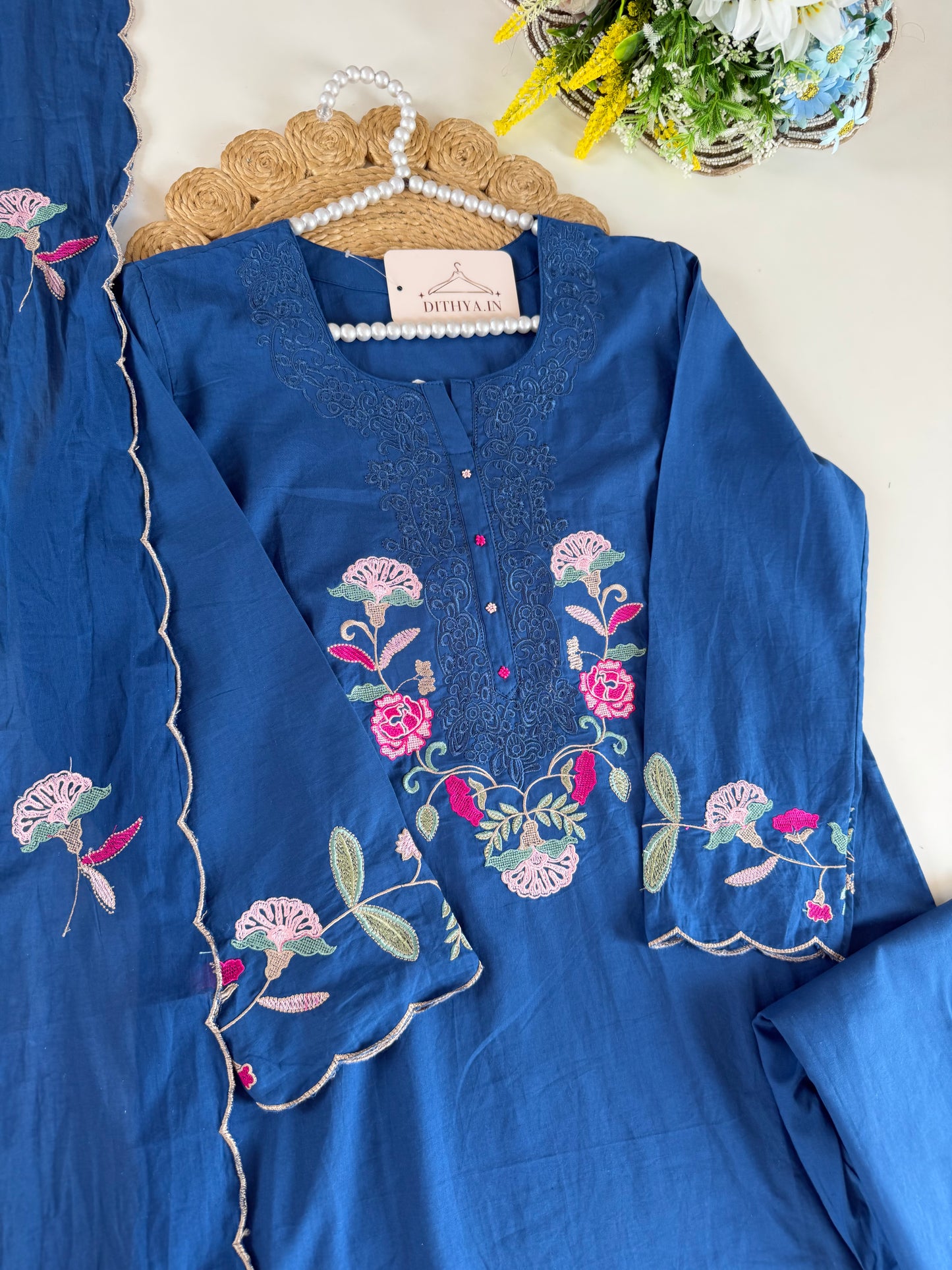 K679 - Mul cotton embroidered straight Kurti with pants and dupatta