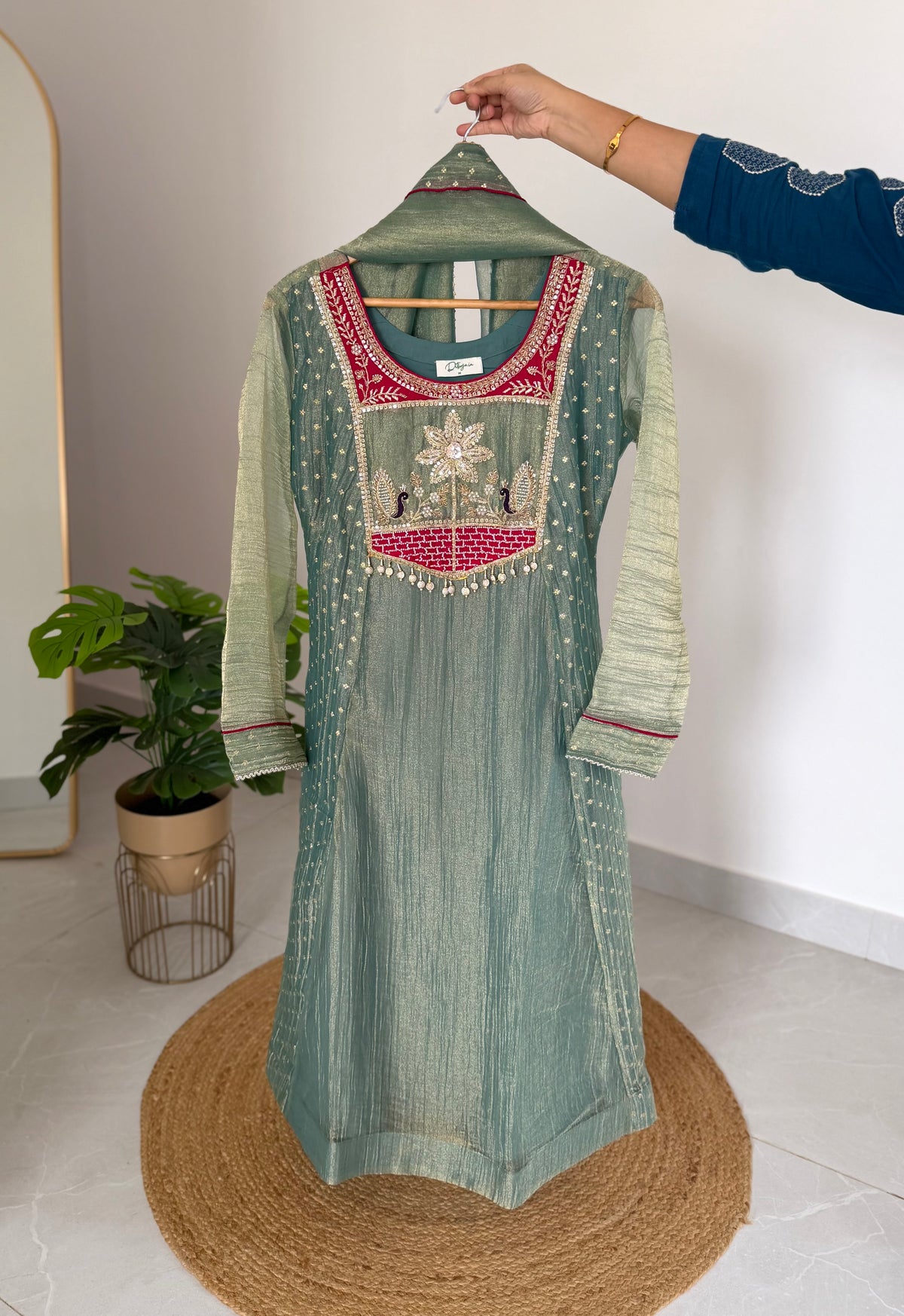 K542 - Tissue silk handwork Anarkali with pants and dupatta in 2 colours