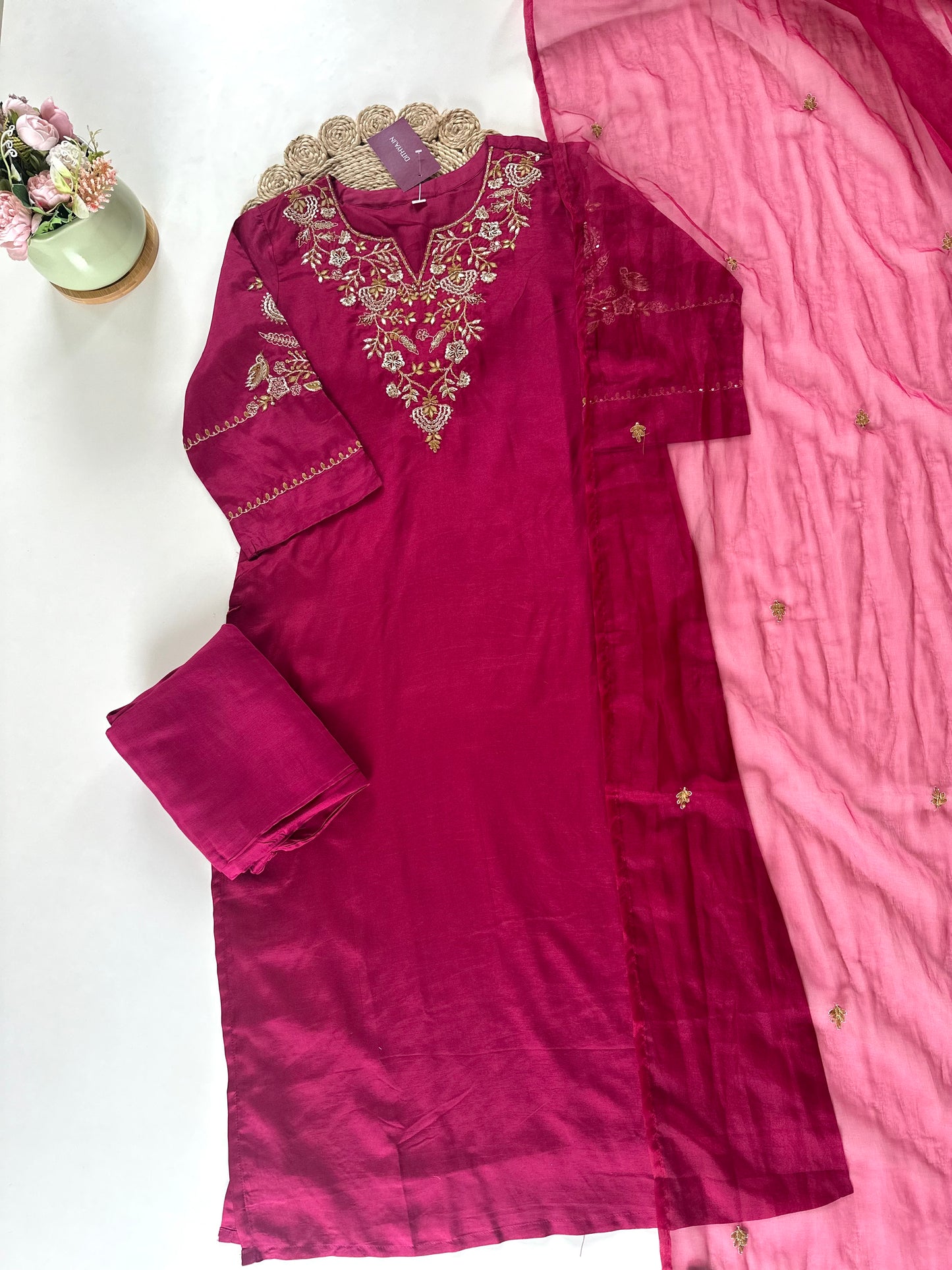 K068 - Mul Chanderi Handwork straight kurti with straight pants and dupatta .