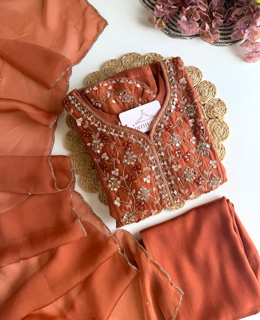 K303 - Mul chanderi handwork Anarkali with pants and dupatta