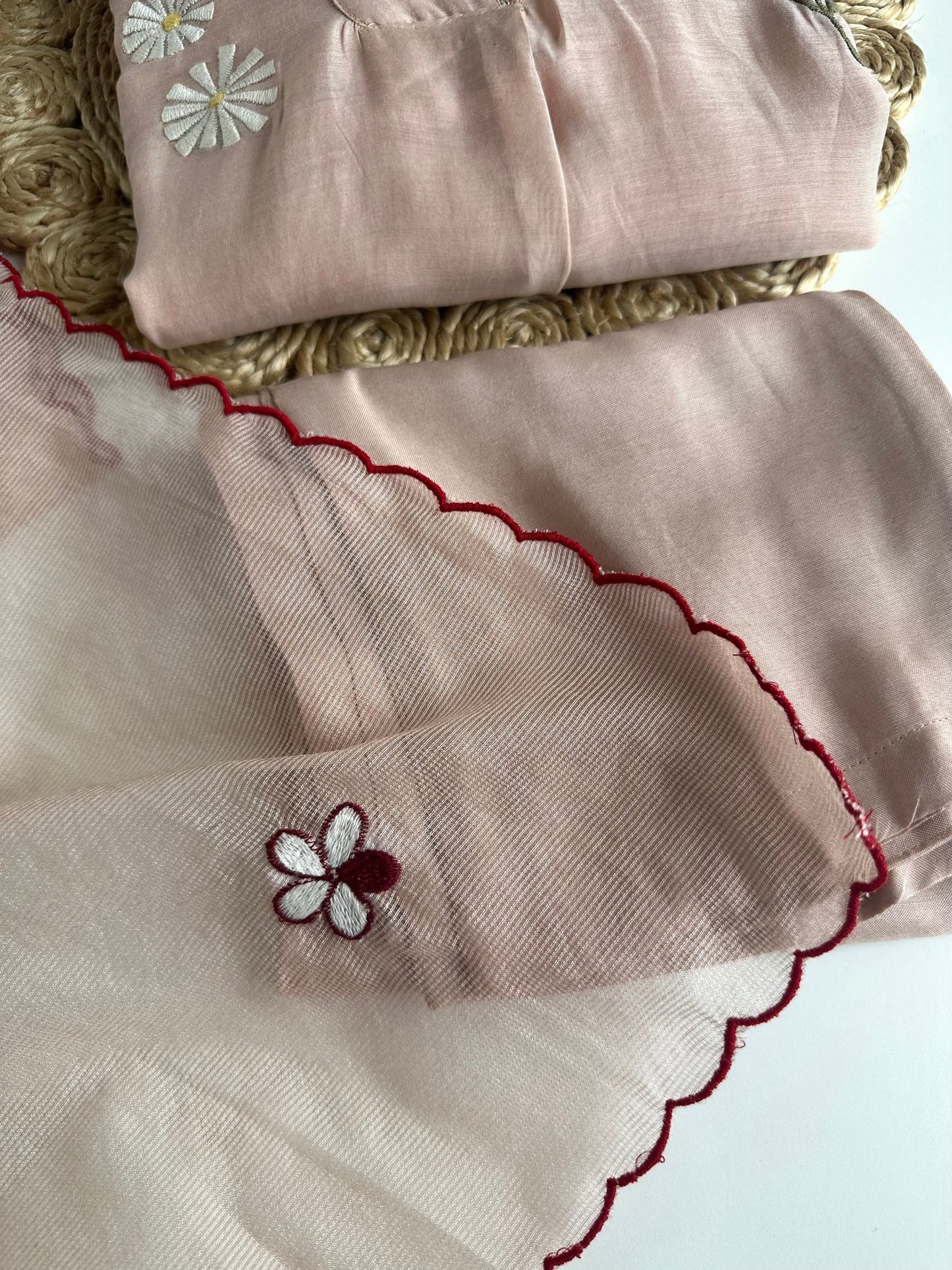 K302 - Mul Chanderi Appliqué work Aline Kurti with pants and dupatta