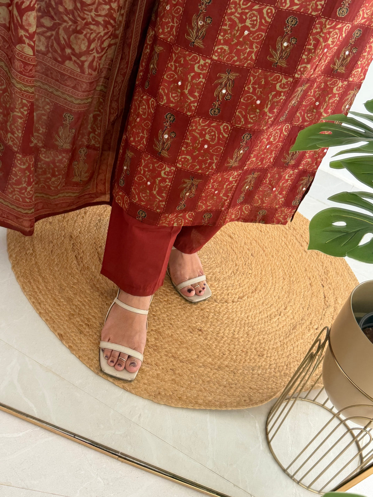 K189 - Mul cotton embroidered straight Kurti with pants and dupatta