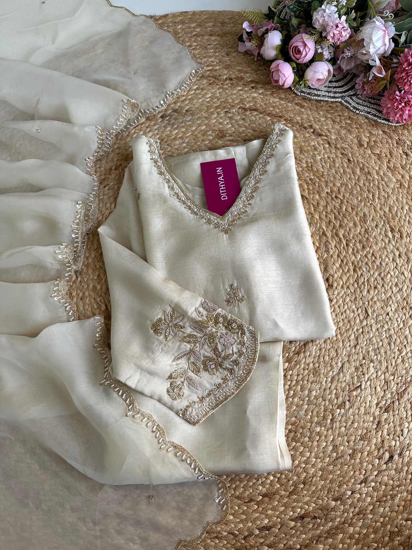 K415 - Russian silk handwork straight Kurti with pants and dupatta