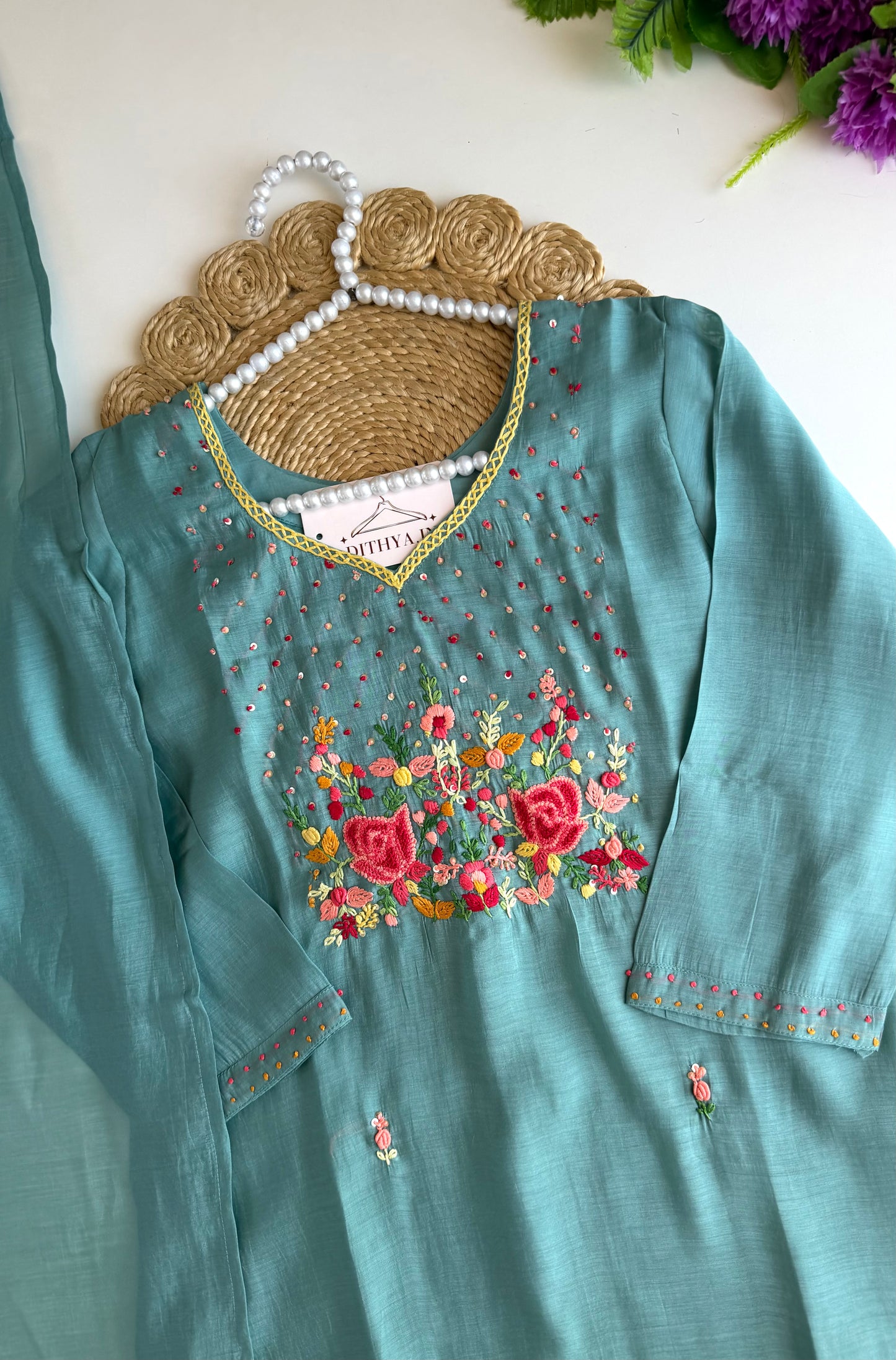 K275 - Surat Mul chanderi embroidered straight Kurti with pants and dupatta
