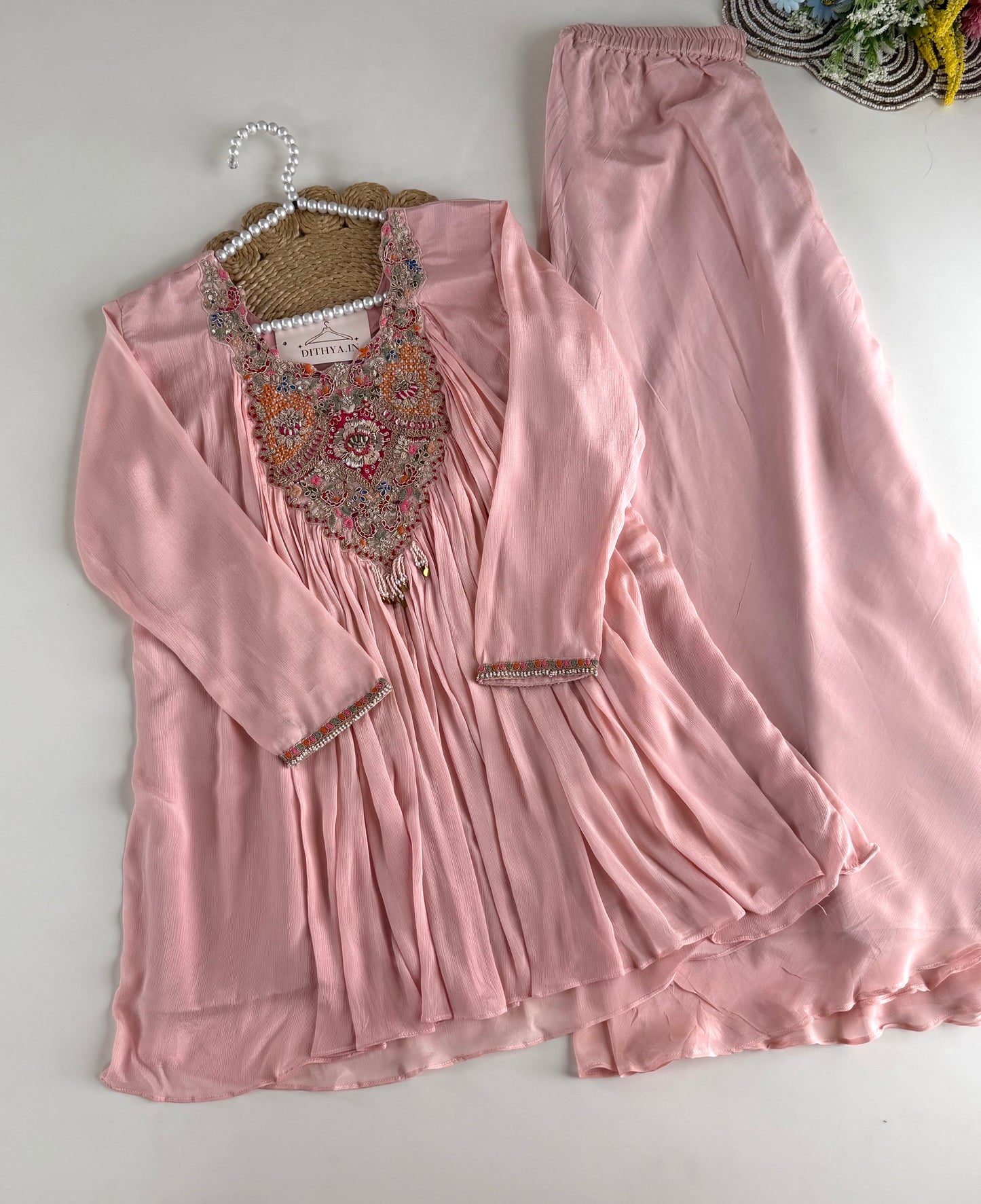 K547 - Chinnon handwork Peplum Kurti with divider pants