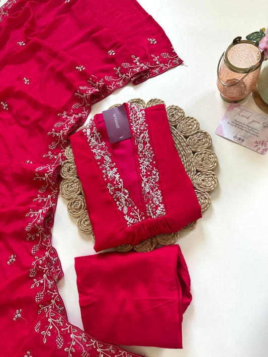 K103 - Pure chinnon Handwork Aline Kurti with pants and dupatta .