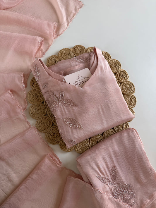 K476 - Pure Chinnon handwork aline Kurti with pants and dupatta