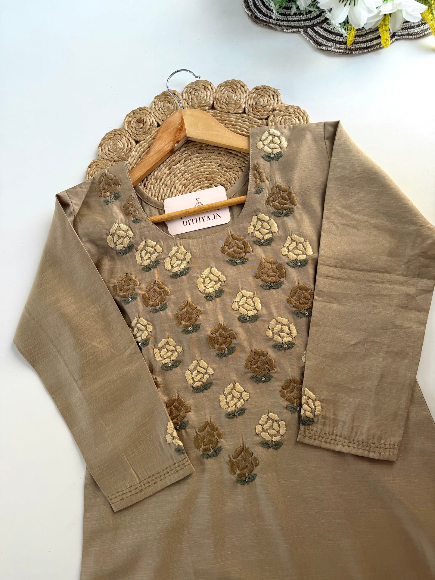 K114 - Mul cotton embroidered straight Kurti with pants