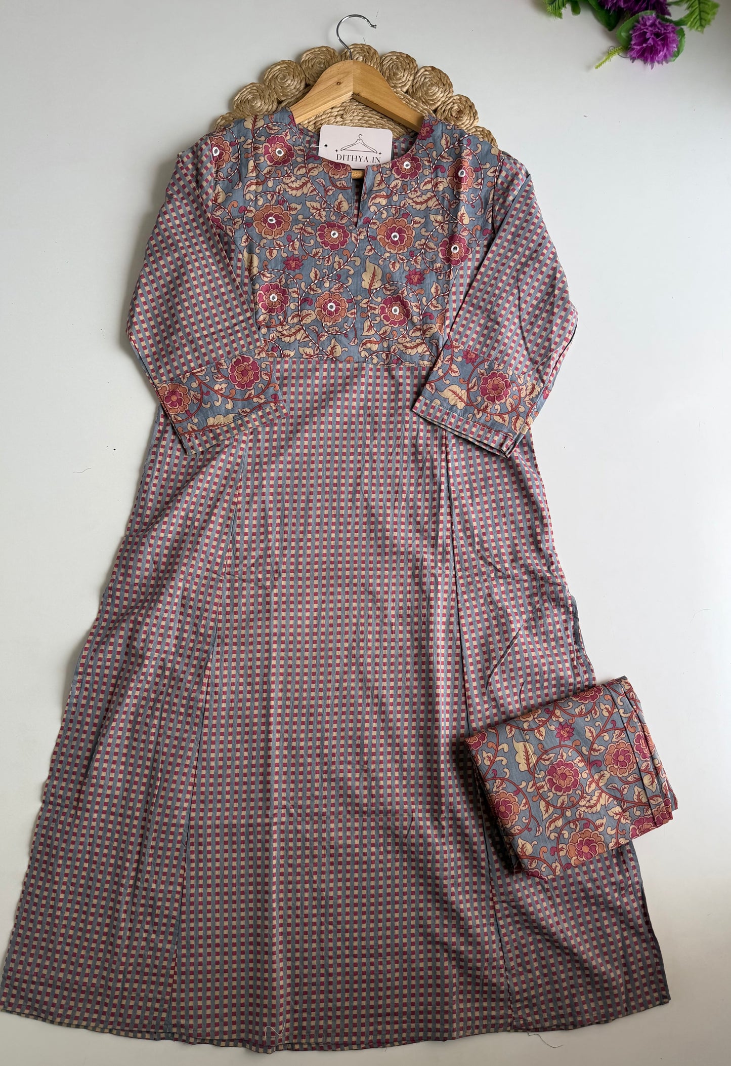 K555 - Mul cotton embroidered Aline Kurti with pants