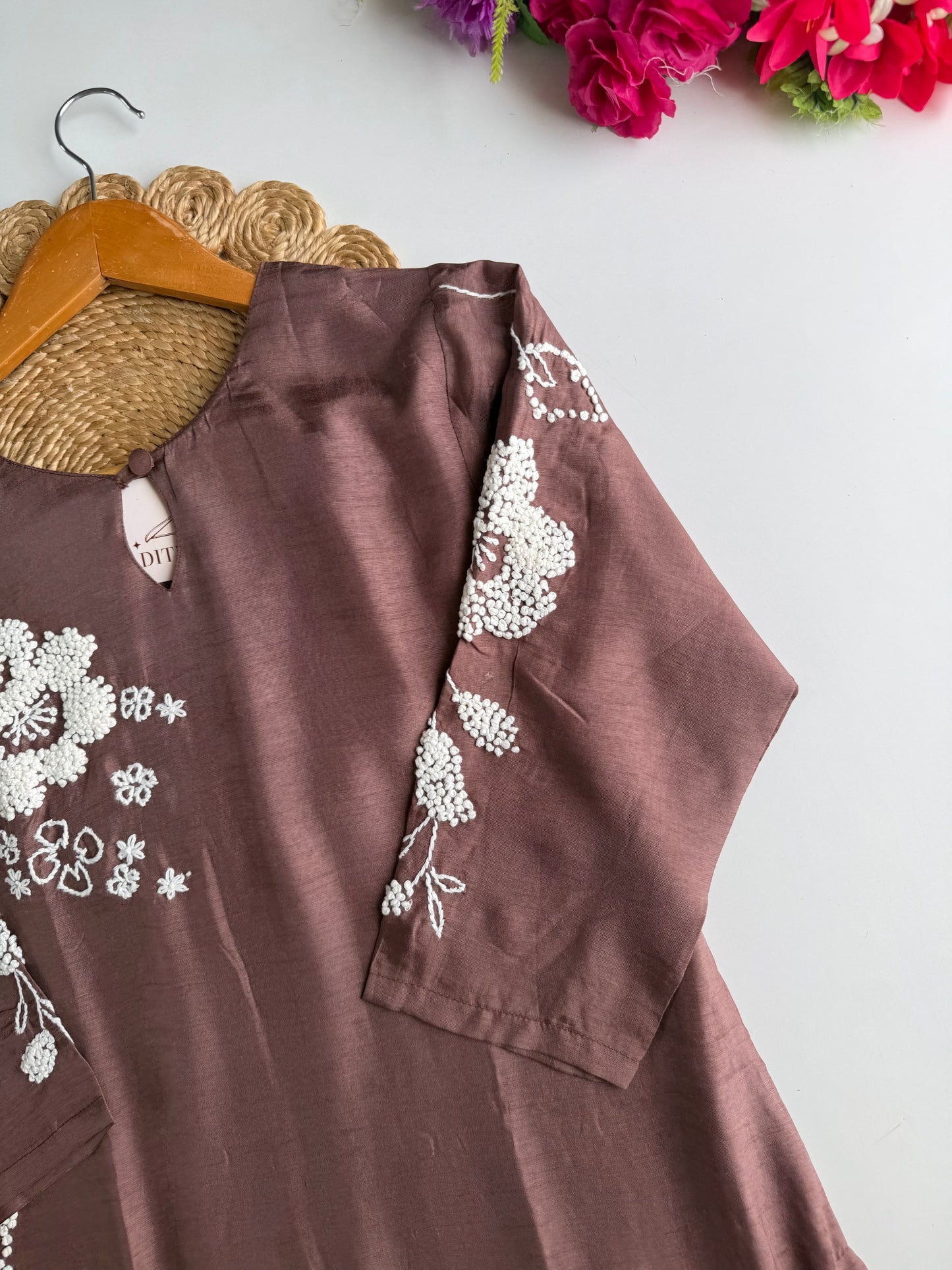 K634 - Russian silk embroidered straight Kurti with pants and dupatta