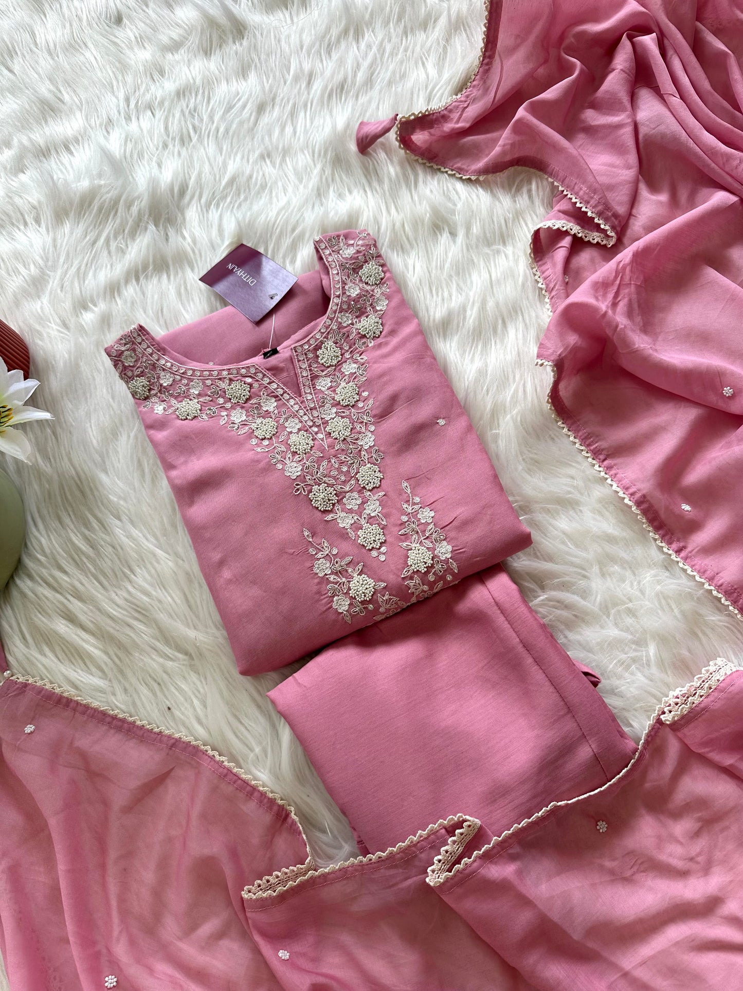 K397 - Mul Chanderi handwork Aline Kurti with pants and dupatta