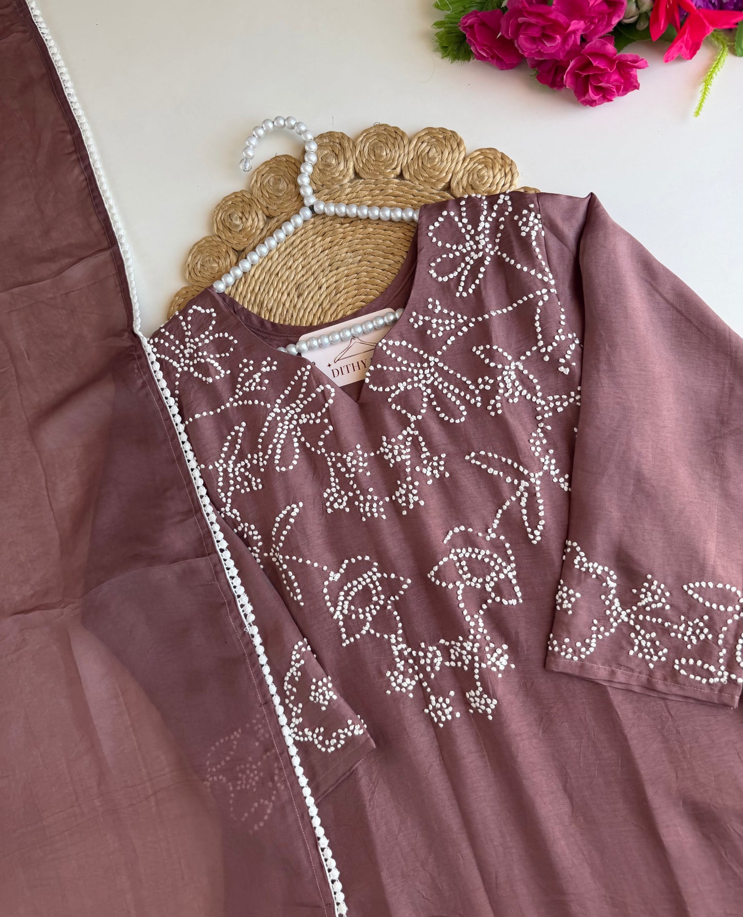 K659 - Russian silk knot work straight Kurti with pants and dupatta
