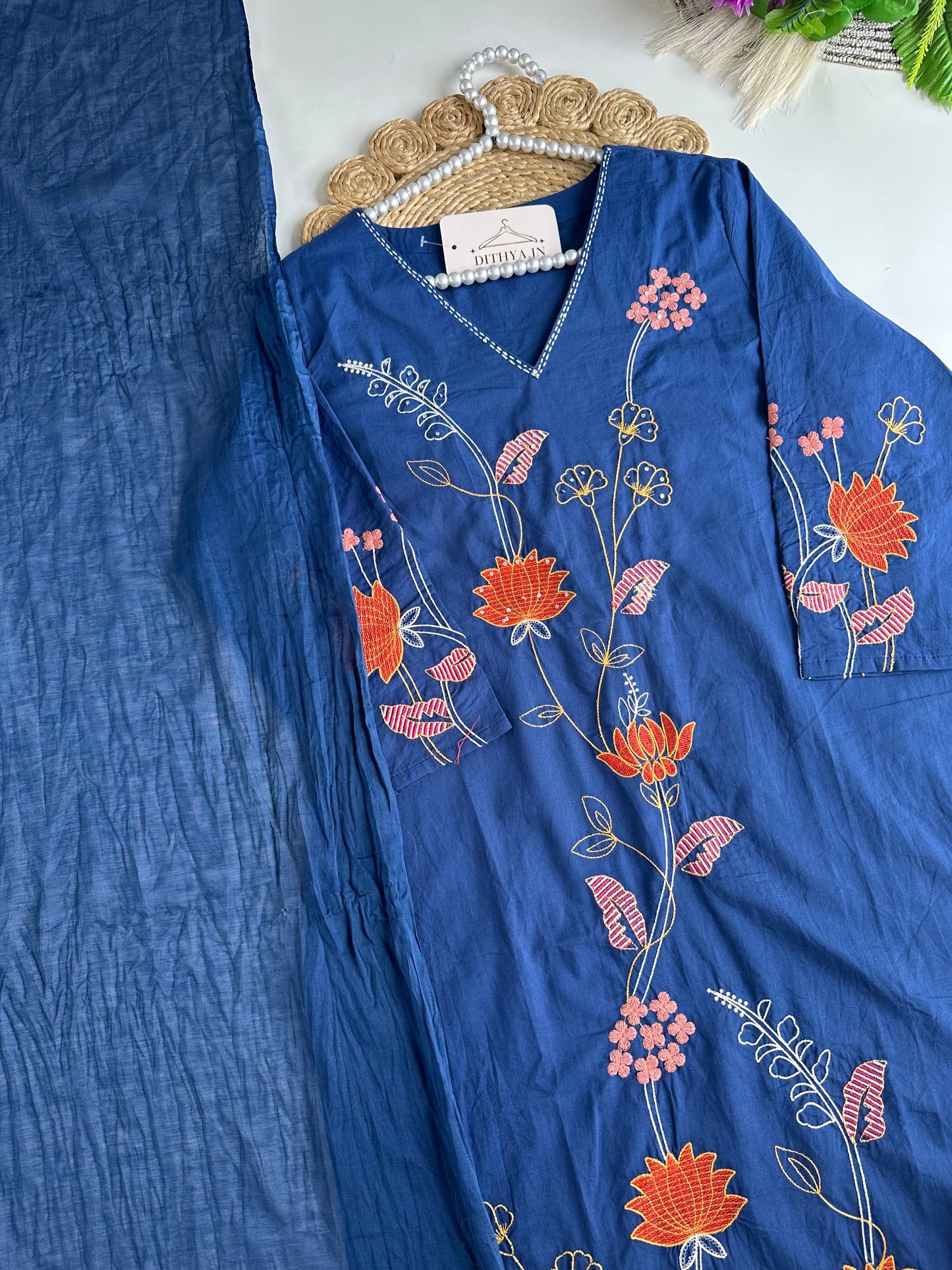 K592 - Cotton embroidered straight Kurti with pants and dupatta in 2 colours