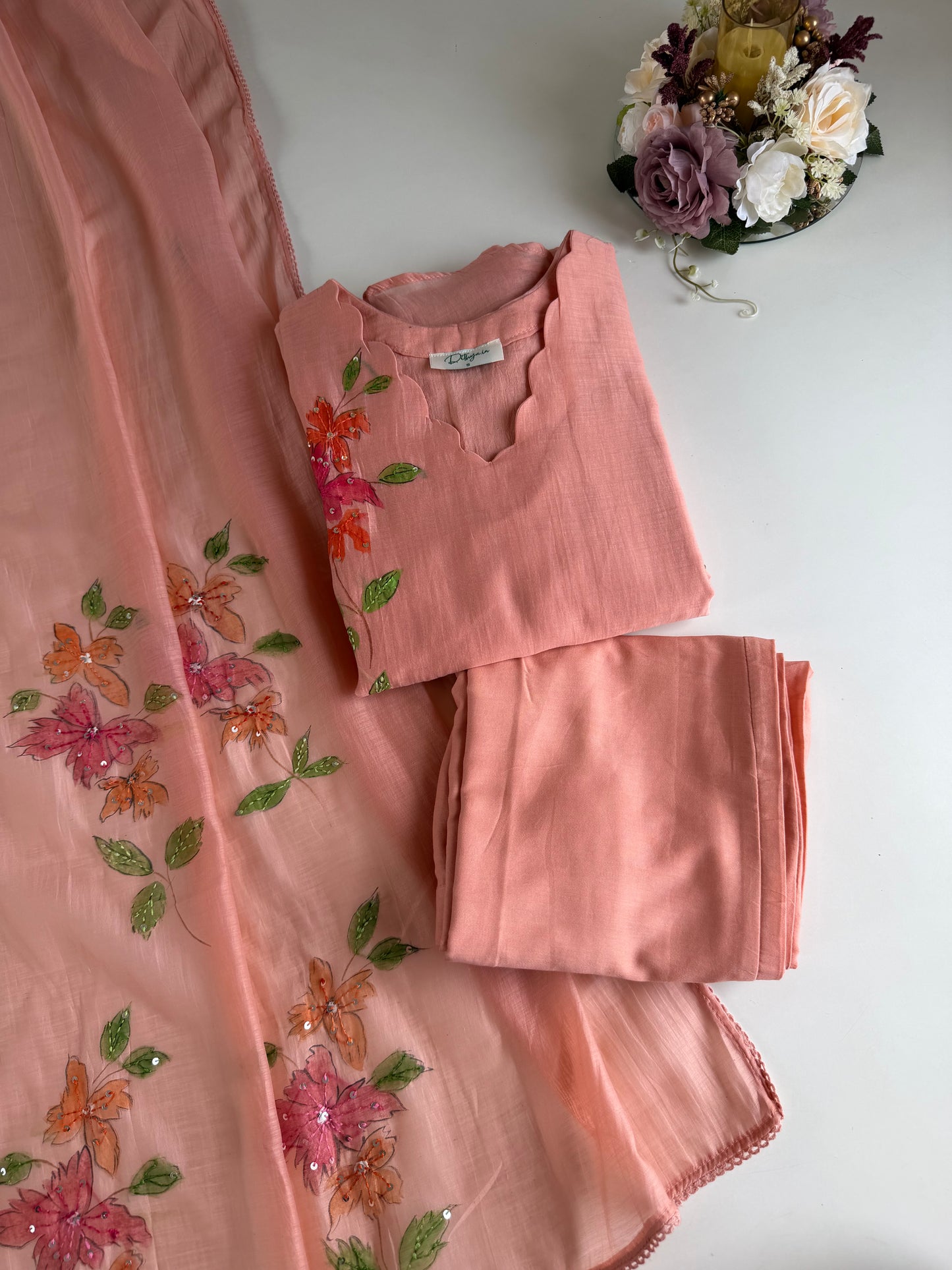 K355 - Mul Chanderi hand painted embroidered Aline Kurti with pants and dupatta in 3 colours