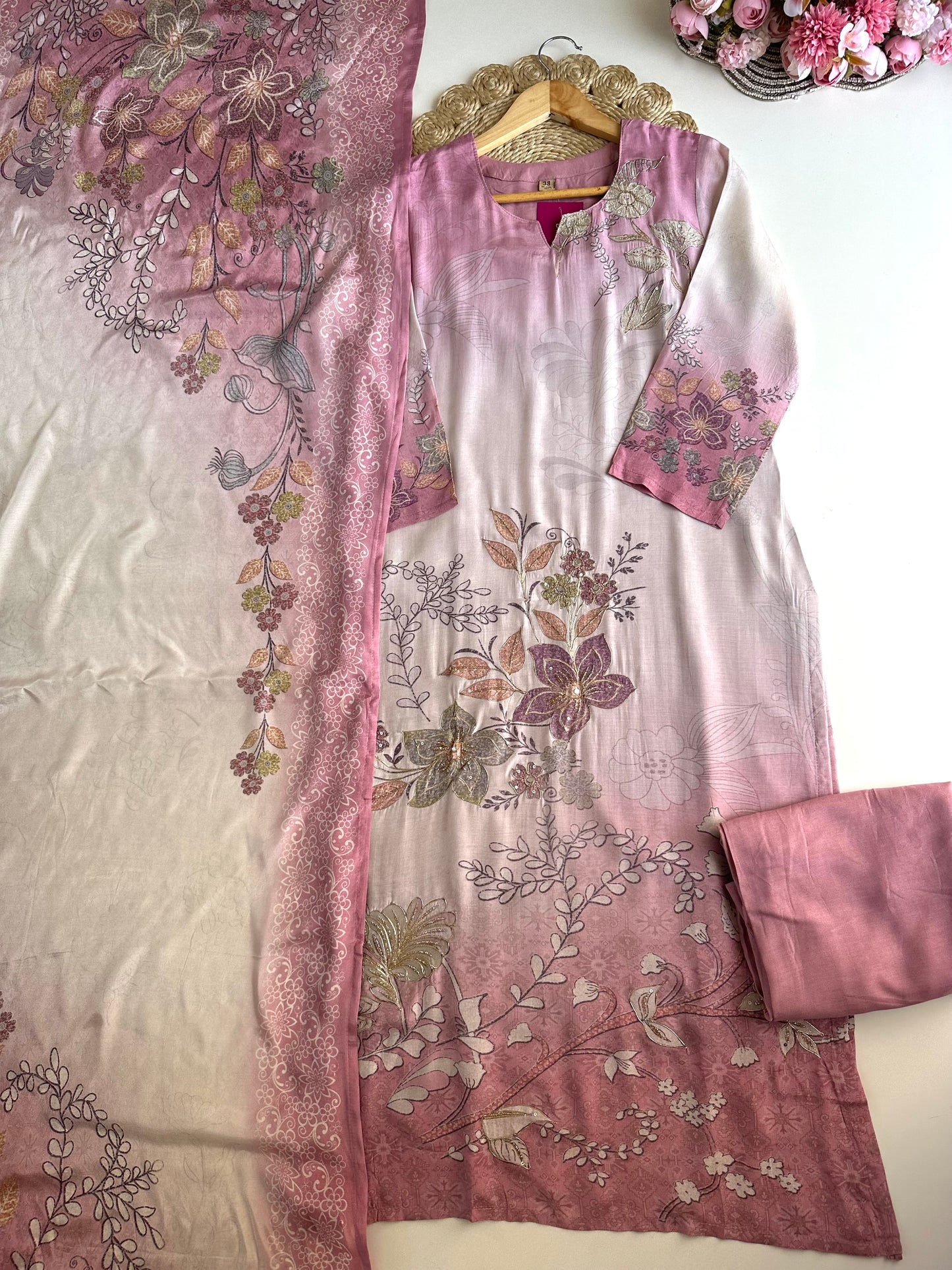 K416 - Muslin printed straight Kurti with pants and dupatta