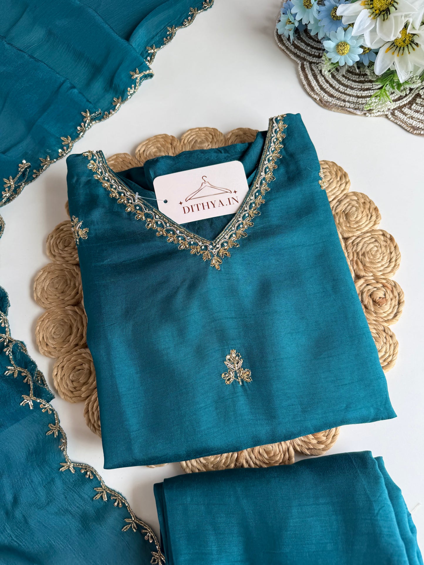 K126 - Russian silk handwork Aline Kurti with pants and dupatta in 2 colours