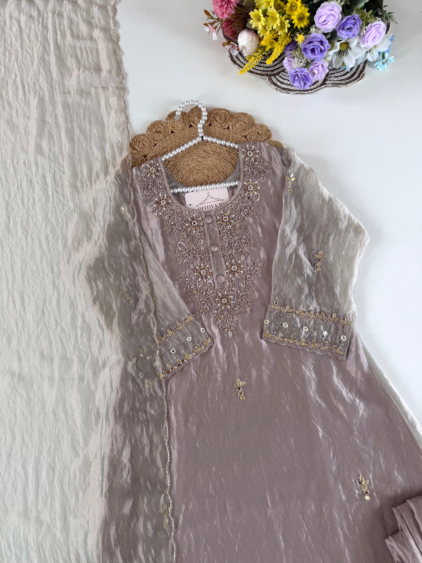 K615 - Glass Tissue handwork Anarkali with pants and dupatta