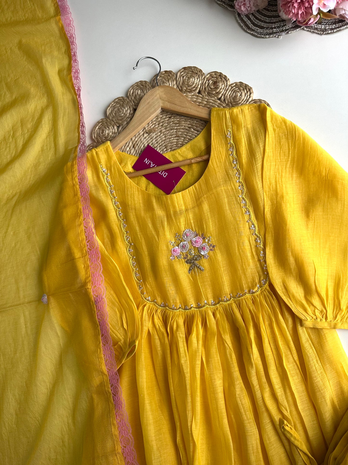 K348 - Mul Chanderi Handwork Anarkali with pants and doriya dupatta