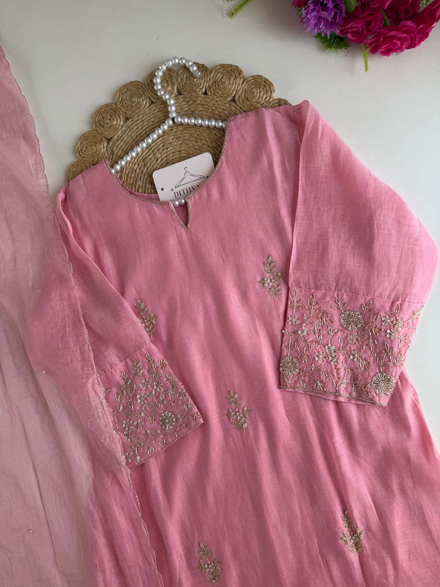 K639 - Mul chanderi handwork aline Kurti with pants and dupatta