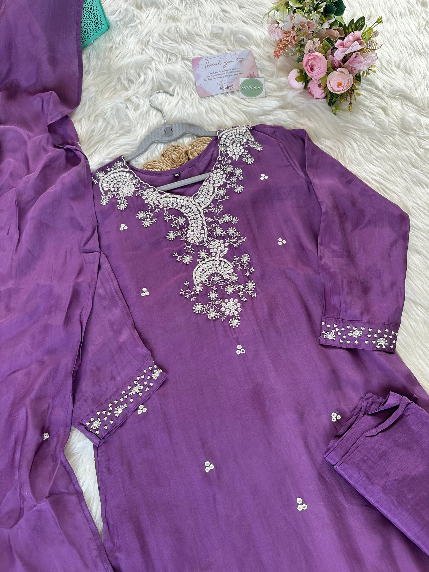 K244 - Chinnon kurti with pants and dupatta - Dithya.in