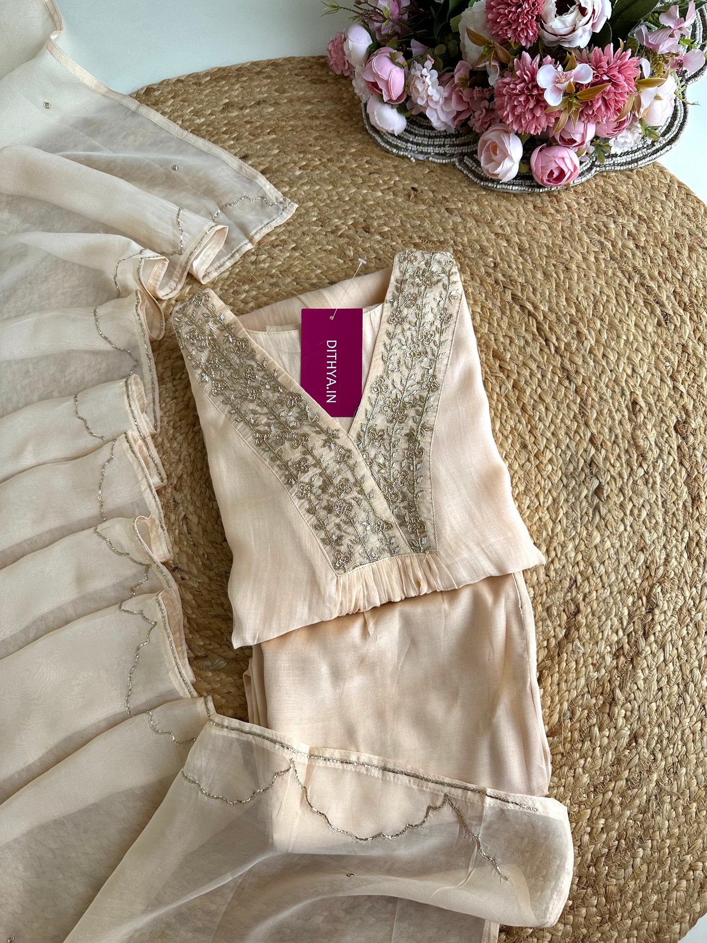 K165 - Mul Chanderi handwork Aline Kurti with pants and dupatta