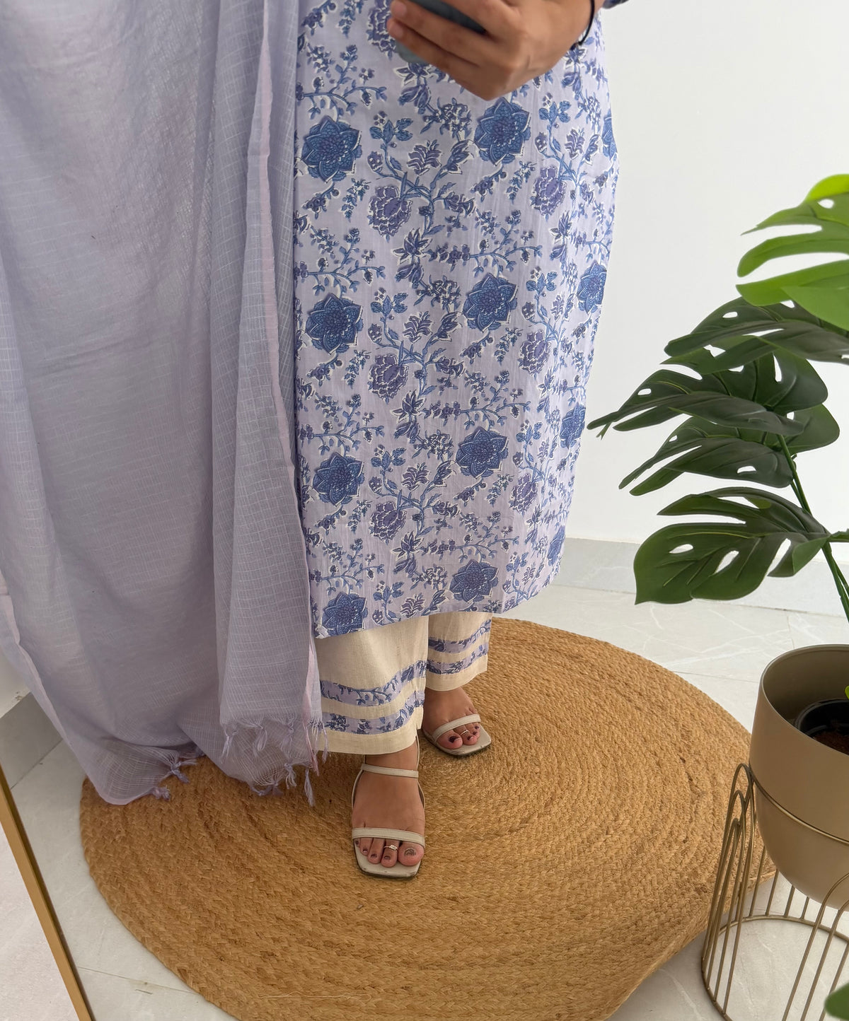 K103 - Mul cotton embroidered straight Kurti with pants and kota doriya dupatta