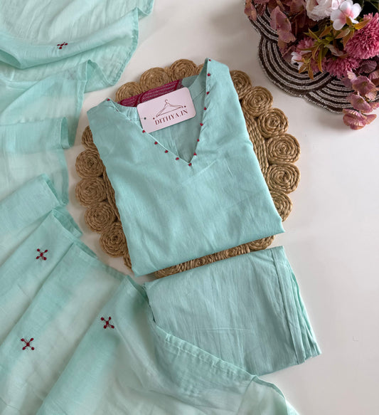 K645 - Mul cotton embroidered straight Kurti with pants and dupatta