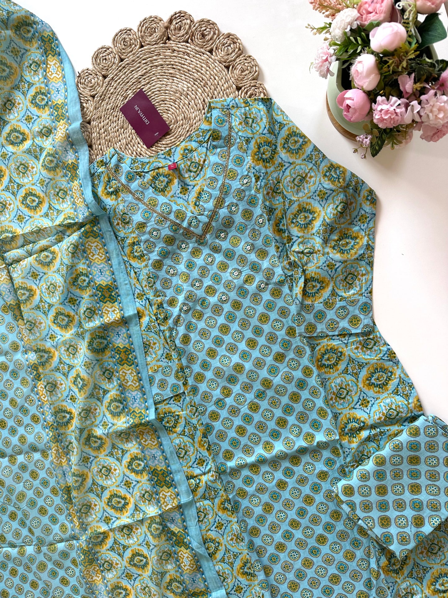 K089 - Cotton Printed Straight kurti with pants and dupatta in 5 prints .