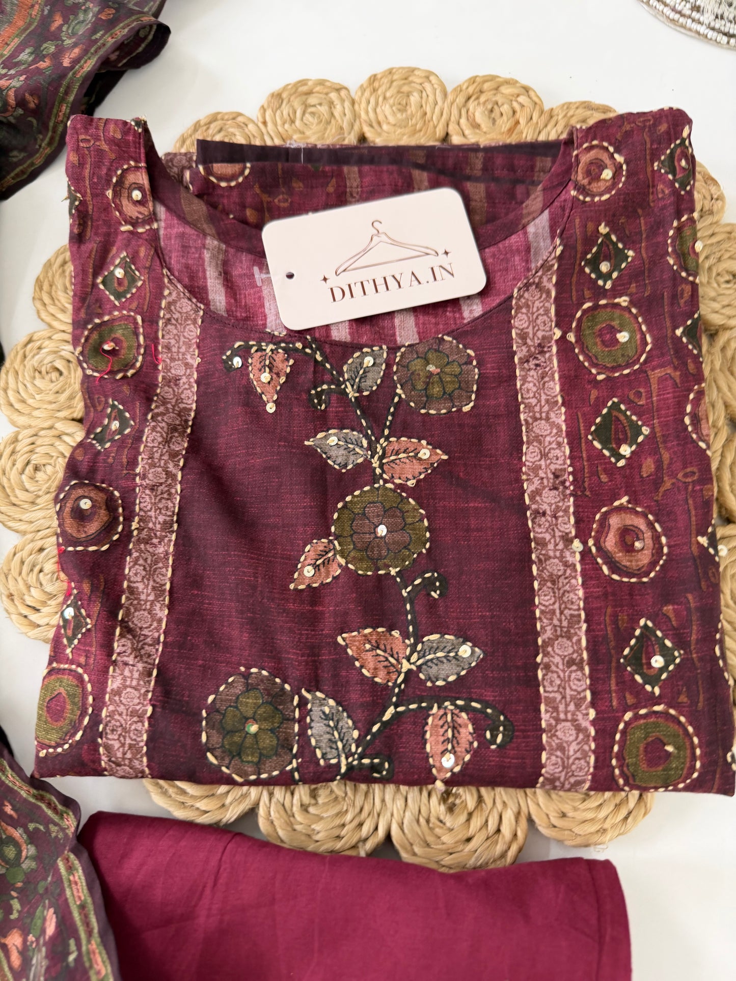 K483 - Cotton katha work straight Kurti with pants and dupatta