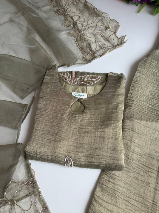 K511 - Crushed tissue silk handwork short Kurti with divider pants and dupatta