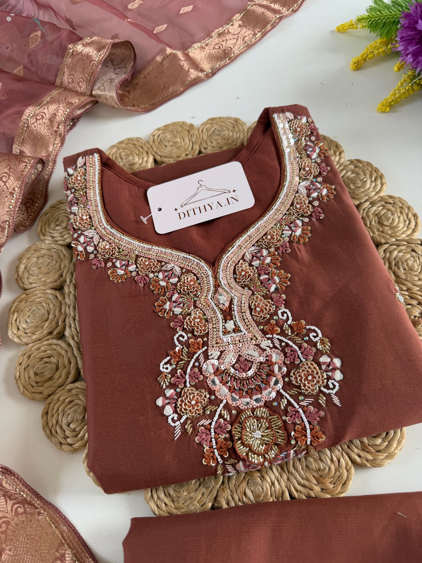 K526 - Roman silk handwork straight Kurti with pants and dupatta