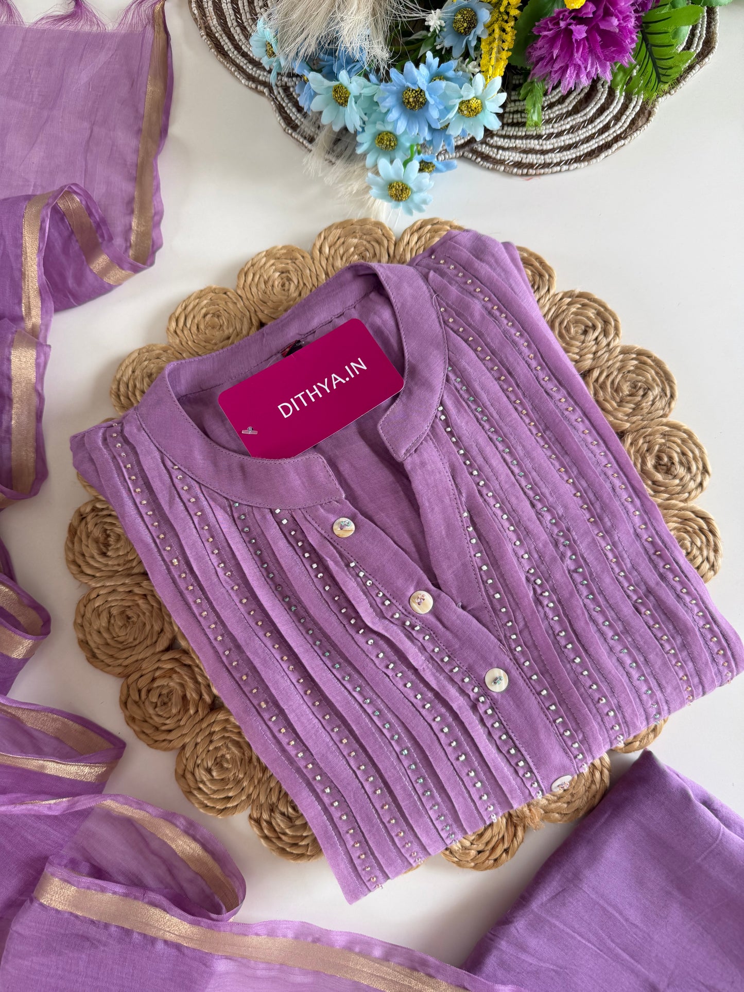 K616 - Mul chanderi appliqué work aline Kurti with pants and dupatta