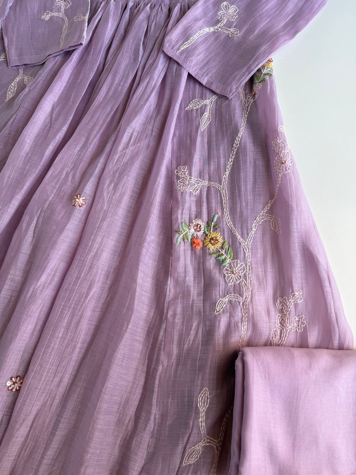 K336 - Mul chanderi embroidered Anarkali with pants and dupatta