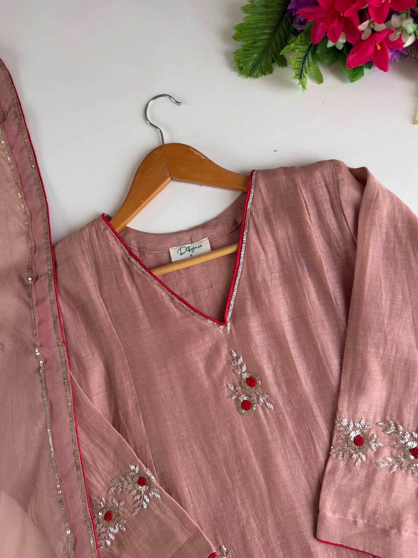 K484 - Mul chanderi handwork aline Kurti with pants and dupatta