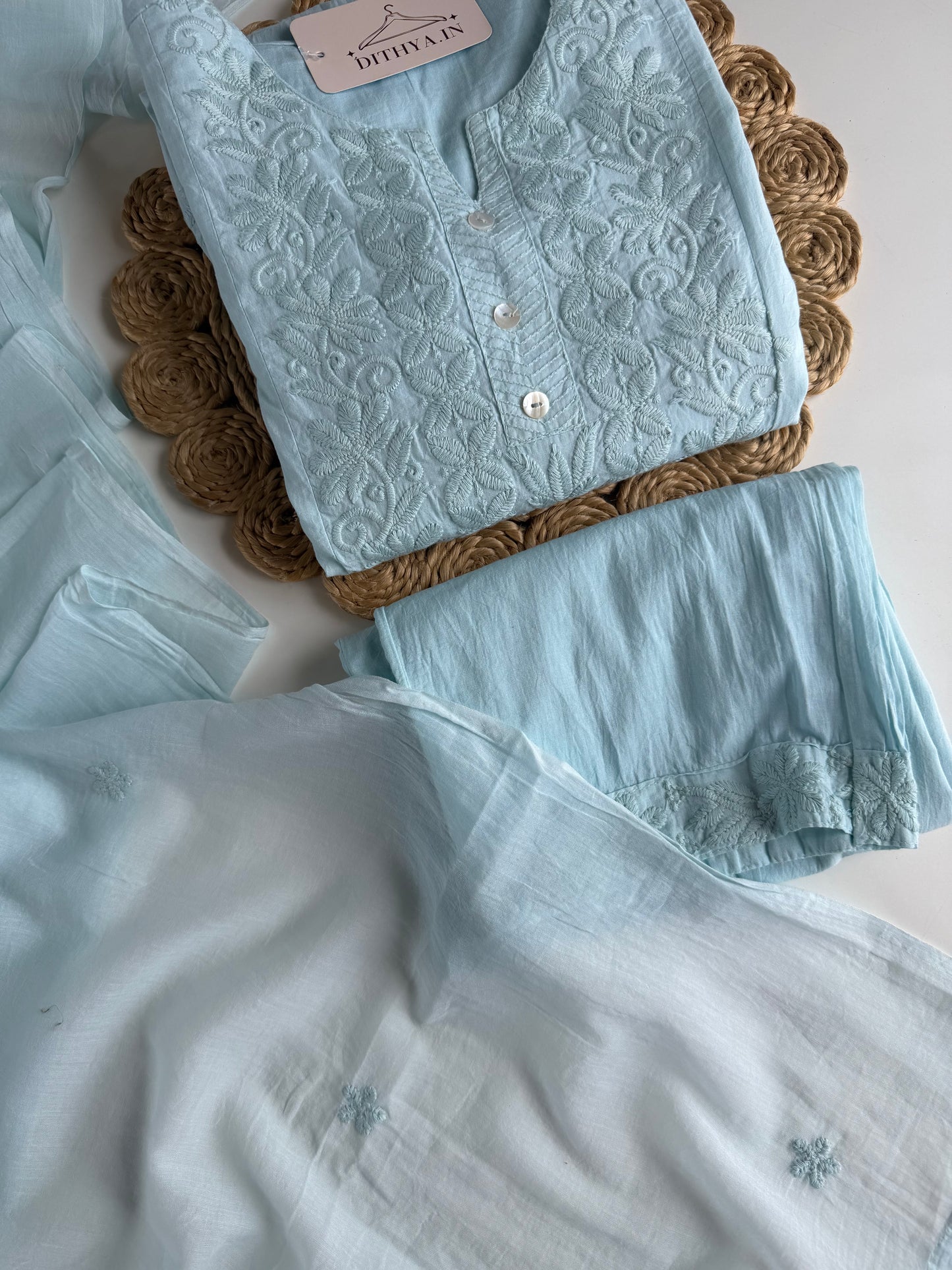 K525 - Mul cotton embroidered Anarkali with pants and dupatta