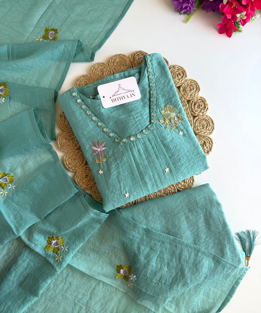 K473 - Crushed Mul chanderi embroidered Aline Kurti with pants and dupatta