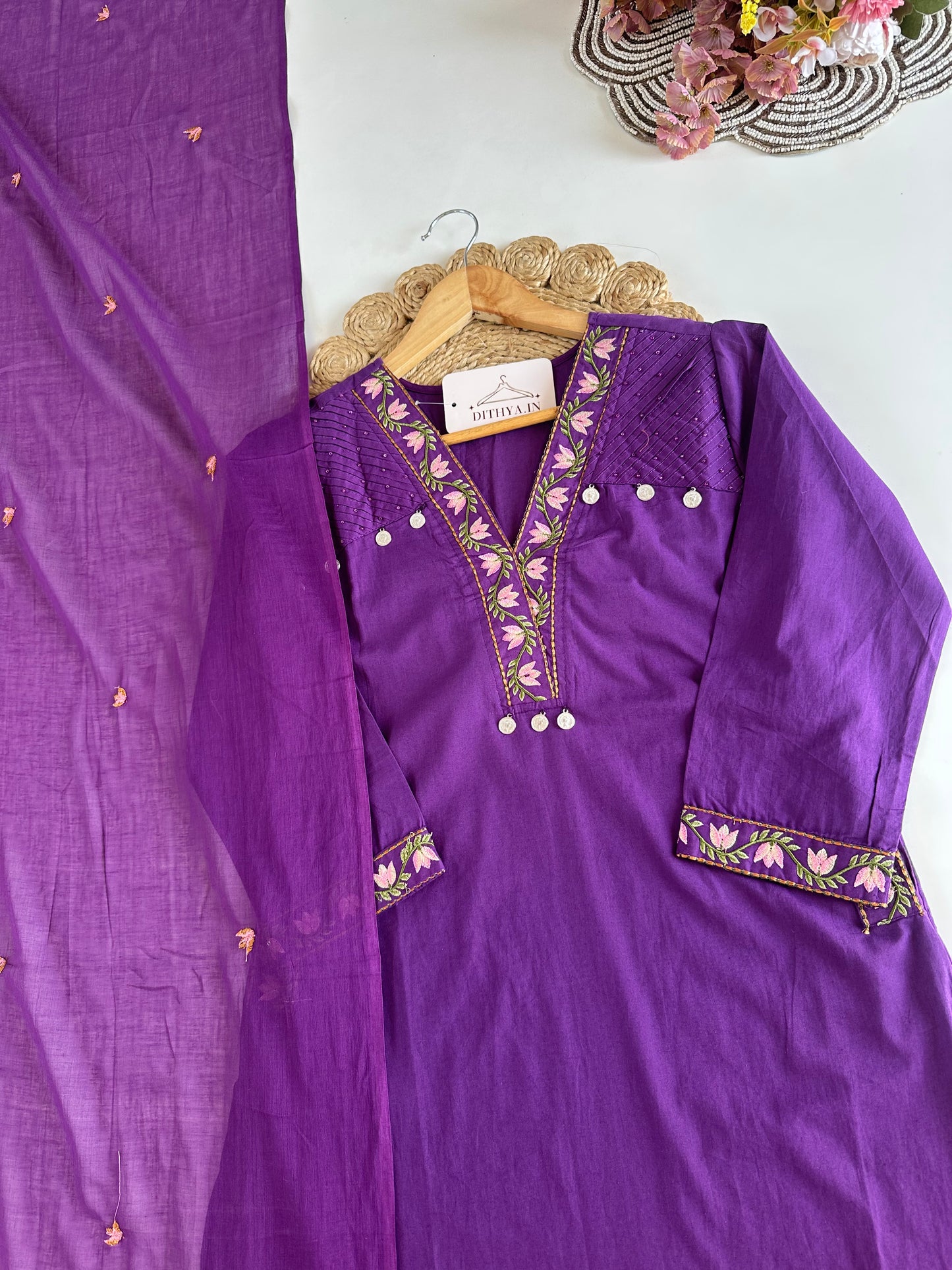 K690 - Mul cotton embroidered straight Kurti with pants and dupatta