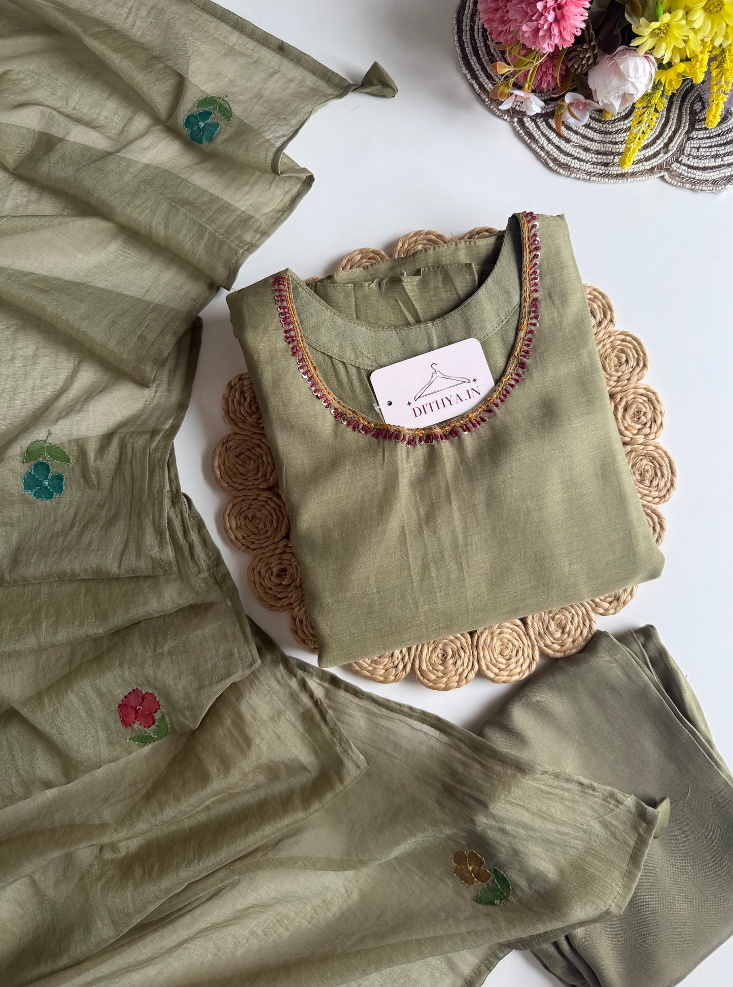 K496 - Mul chanderi appliqué work aline Kurti with pants and dupatta