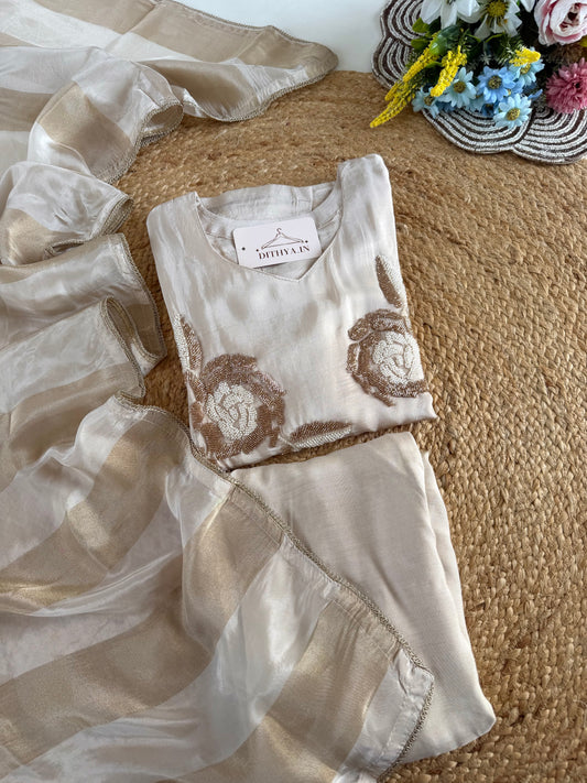 K108 - Pure crape handwork straight Kurti with pants and dupatta