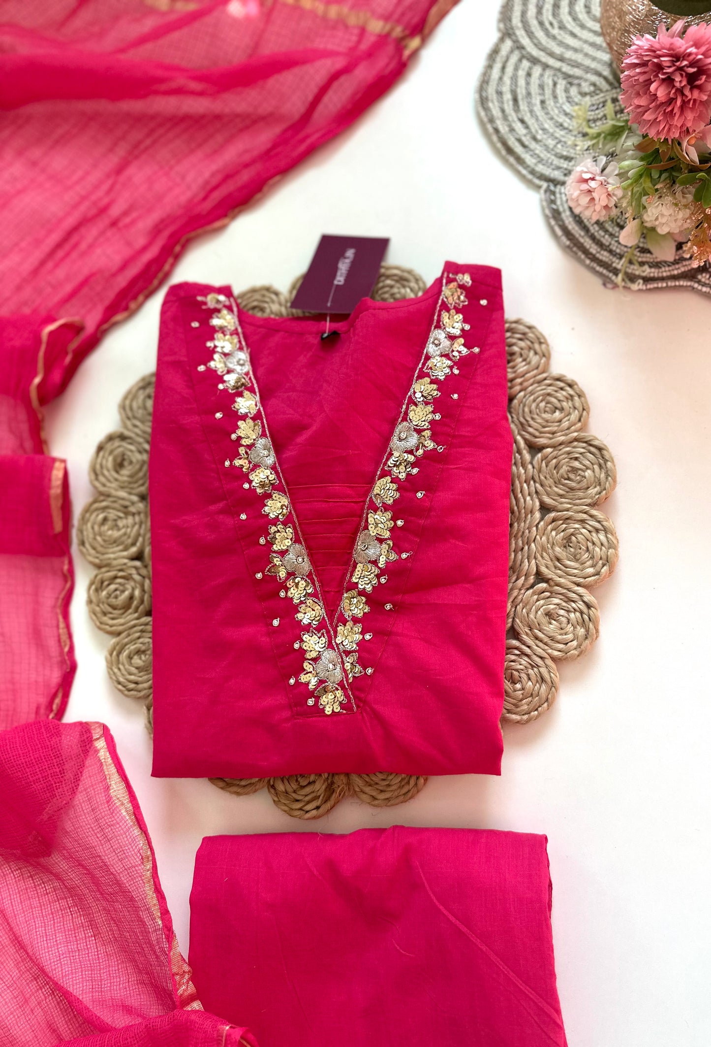 K433 - Mul cotton handwork Aline Kurti with pants and dupatta