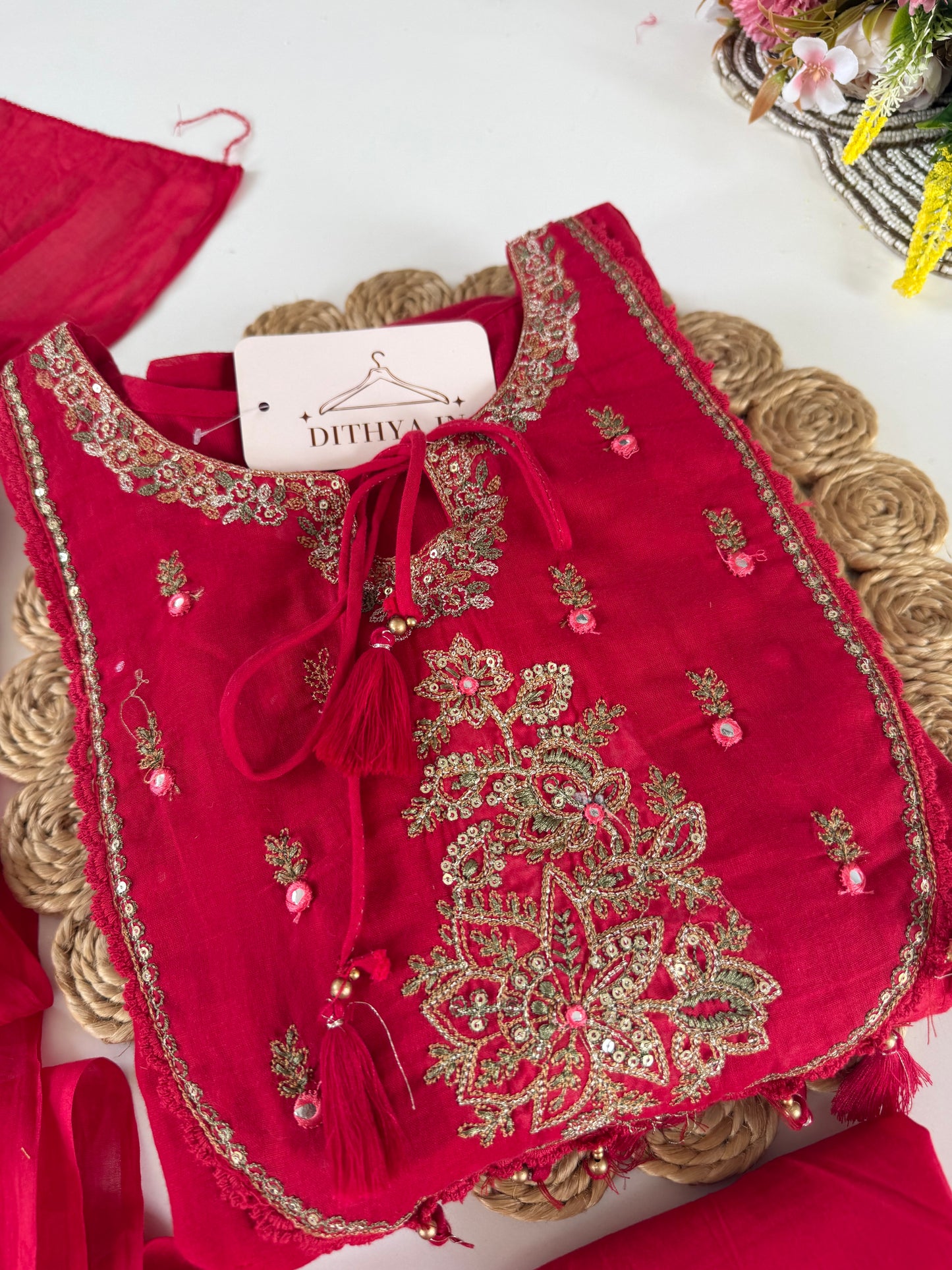 K676 - Mul cotton embroidered Anarkali with pants and dupatta