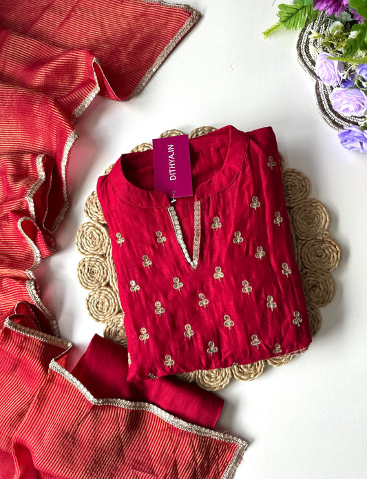 K013 - Mul Chanderi handwork Aline Kurti with pants and dupatta