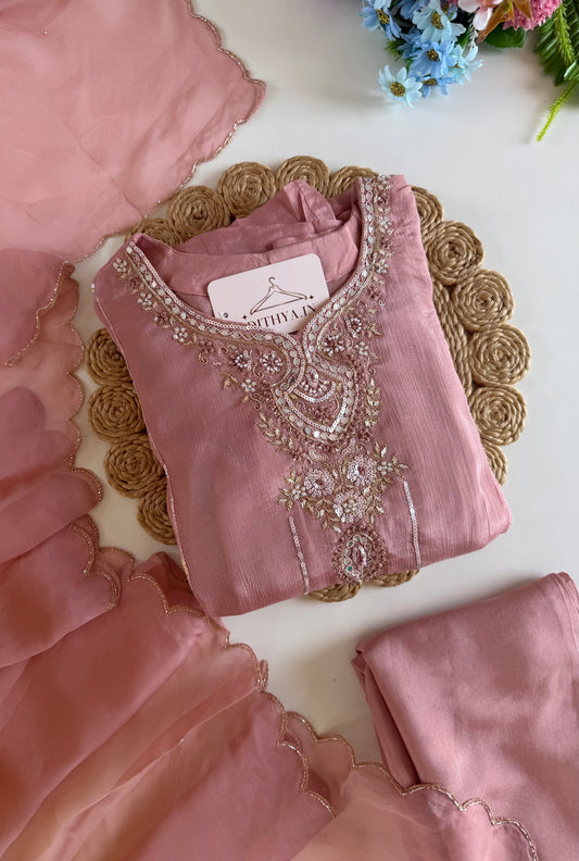 K371 - Pure Chinnon handwork Anarkali with pants and dupatta