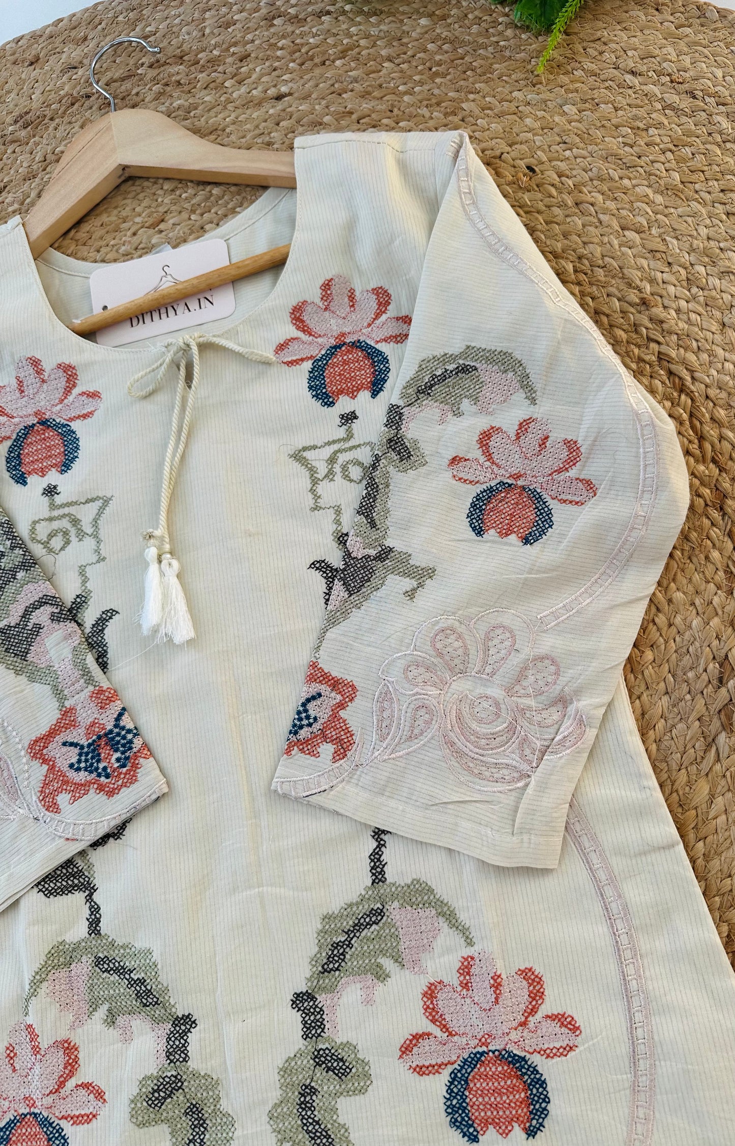 K658 - Mul cotton cross stitch straight Kurti with pants and dupatta
